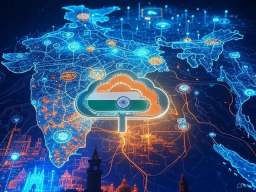Digital map of India with cloud computing technology symbol highlighting connectivity and data exchange.