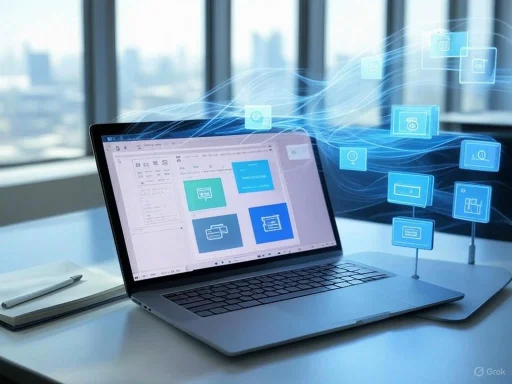 A laptop displays a digital interface overlaid with floating icons, suggesting cloud computing or digital data exchange.