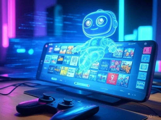 A holographic robot figure floats above a gaming console and TV displaying colorful game covers, with neon lighting effects.
