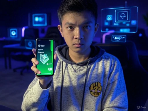 A young person in a hoodie holding a smartphone displaying a 3D modeling app with digital screens around in a dark, tech-themed environment.