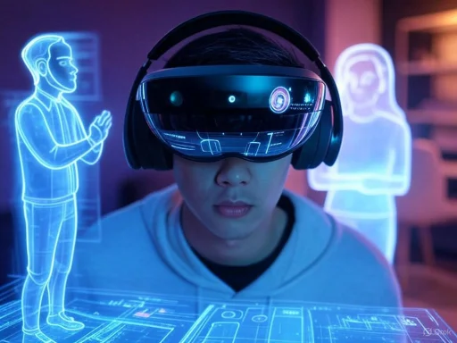 A person wearing a VR headset interacts with holographic digital human models in a futuristic virtual environment.