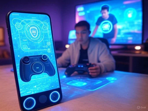 A person plays video games with holographic visuals and controls projected onto the table, while a large screen displays game info behind.
