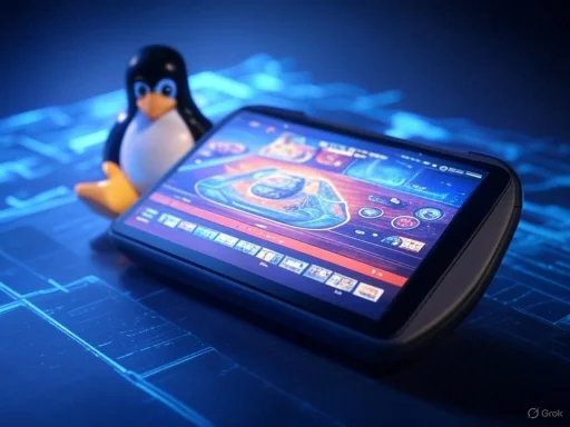 A smartphone displaying a game or app content, resting on a futuristic electronic surface with a penguin figurine nearby.