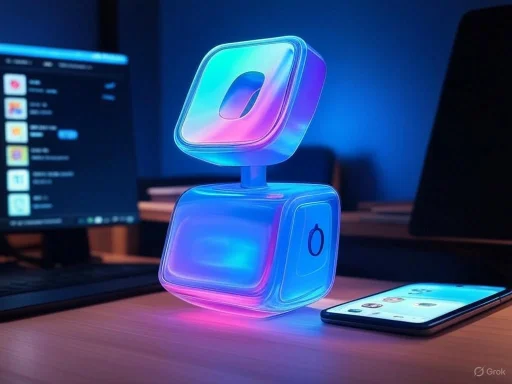 A glowing, colorful robot with a square head and body sits on a desk with a smartphone nearby.