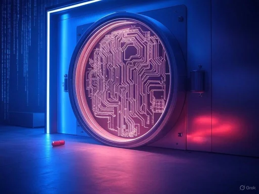 A neon-lit circular circuit board design is displayed in a futuristic room with blue and pink lighting.