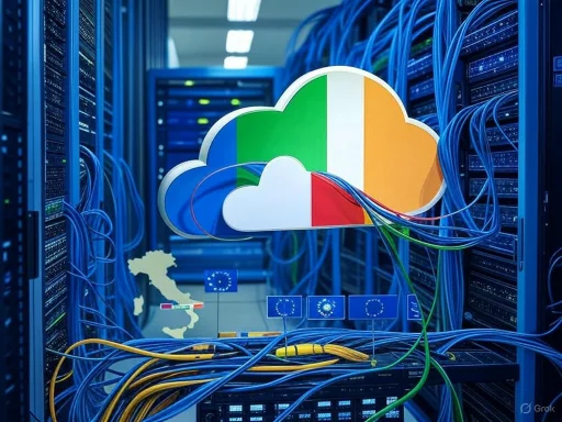 Cloud storage server room with an overlay of a cloud icon featuring the Italian flag.
