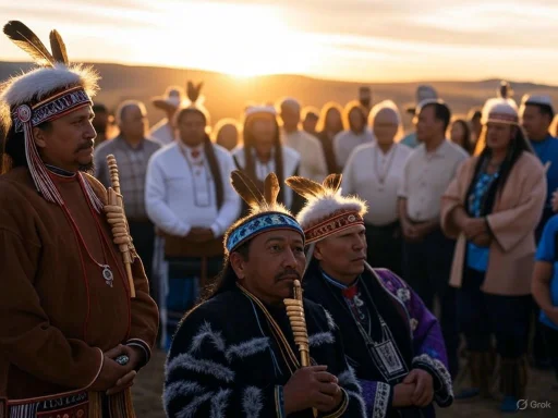 Native Indigenous leaders conduct a ceremonial gathering at sunset, surrounded by attentive community members. Native Indigenous leaders conduct a ceremonial gathering at sunset, surrounded by attentive community members.