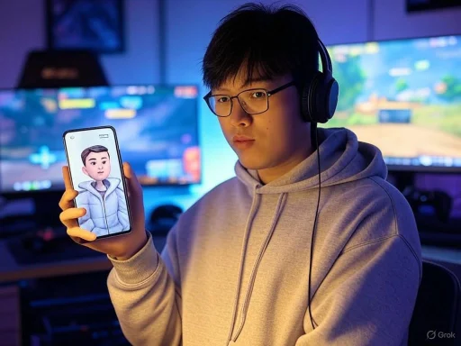 A young man with glasses and headphones holds a smartphone displaying a cartoon avatar, with gaming screens in the background.