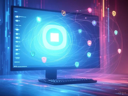 A computer monitor displays a digital security or network system with interconnected icons and data flows in a high-tech environment.