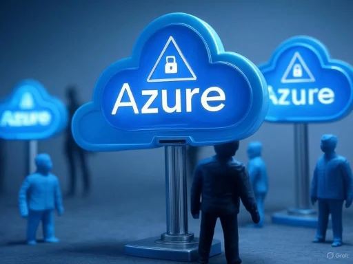Miniature figures stand beneath illuminated Azure cloud icons with security warning symbols.