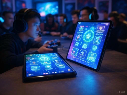 Group of gamers wearing headphones playing a game on tablets in a dimly lit room.