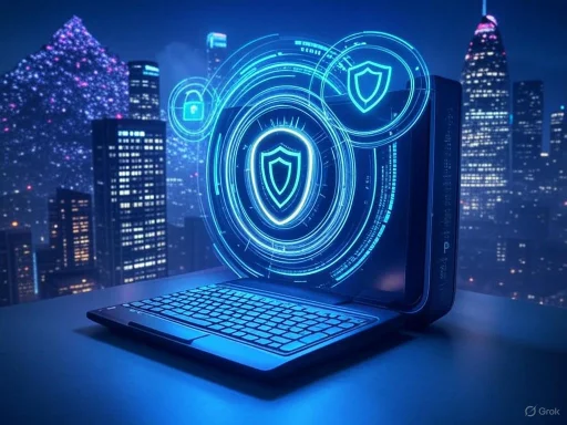 A laptop displaying digital shields and security icons against a city skyline at night.