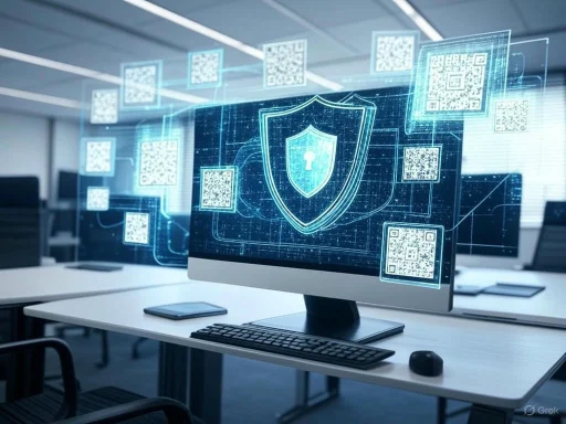 A digital security concept featuring a computer monitor with a shield and QR codes showing cybersecurity protection.