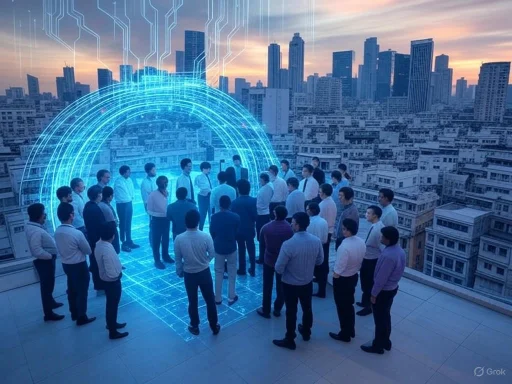 A group of businesspeople gathering on a rooftop with a digital hologram of a city skyline and circuit lines overlay.