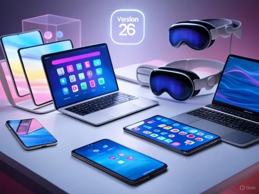 Multiple electronic devices, including smartphones, tablets, laptops, augmented reality glasses, and VR headsets, are displayed.