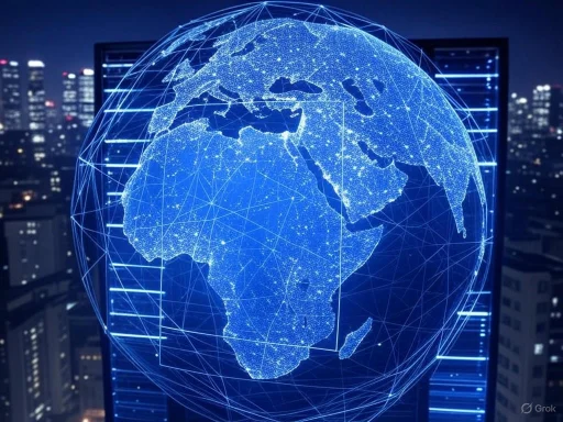 A digital globe of Africa and surrounding regions with interconnected data points, set against a city skyline at night.