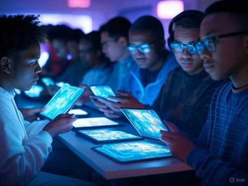 A group of young people intensely focused on digital screens in a dark, high-tech environment.