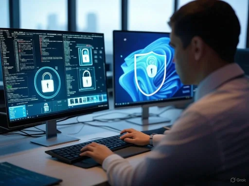 A person working on cybersecurity or data protection, monitoring screens with lock icons and security graphics.