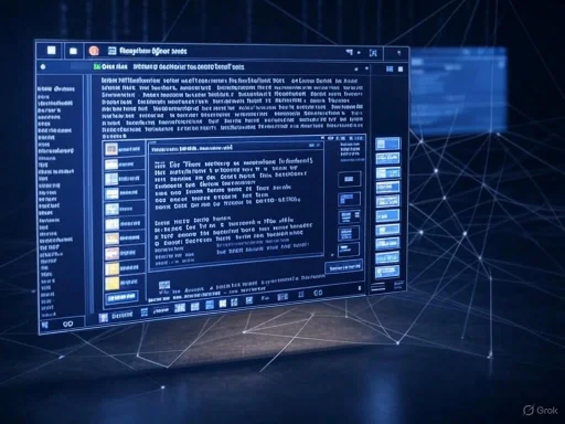A futuristic digital interface displays technical text and icons on a dark background with interconnected lines and nodes.