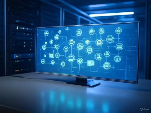 A digital network diagram shown on a curved monitor in a dark, modern data center with server racks.