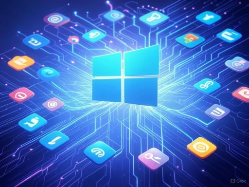 A digital illustration of a central Windows logo surrounded by various app icons connected by circuit lines, symbolizing technology and connectivity.