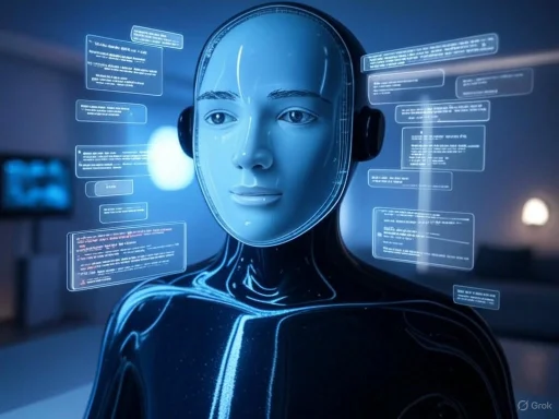A humanoid robot with a digital face surrounded by holographic screens and chat bubbles in a high-tech environment.