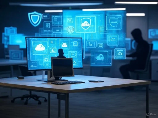 A person seated at a desk with multiple digital screens displaying cloud security icons in a dark, high-tech setting.