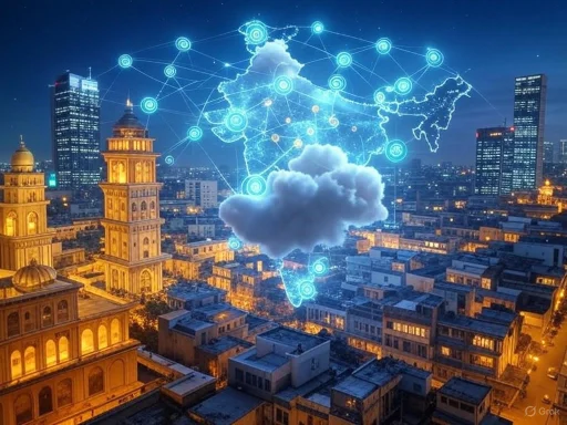 A cityscape at night with digital overlays of a cloud, a map of China, and network nodes representing connectivity.