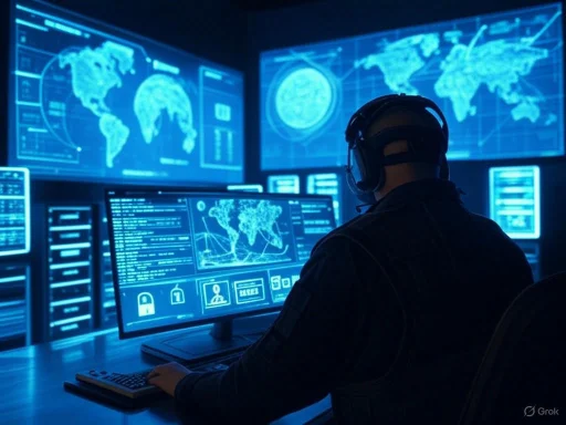 A person working at a computer with multiple digital monitors displaying world maps and security data.