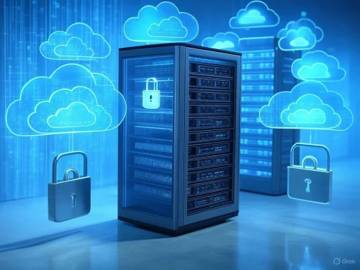 Data security concept with cloud storage, server racks, and lock icons representing protected cloud data.