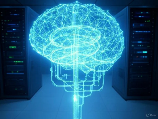 A digital, neon outline of a brain superimposed over server racks in a data center.