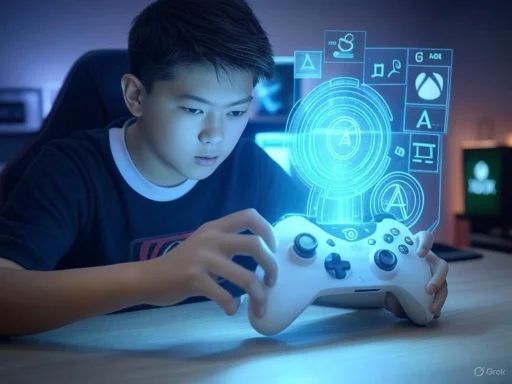 A boy plays a video game with holographic icons emerging from the gaming controller.