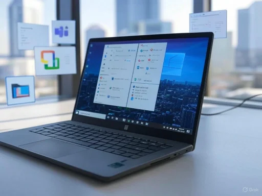 A laptop on a desk displays a cityscape wallpaper and an open task or email window, with blinds and window views in the background.