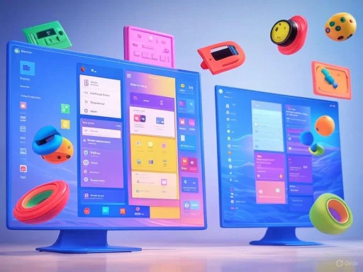 Two computer monitors display colorful, modern user interfaces with floating toys around them.