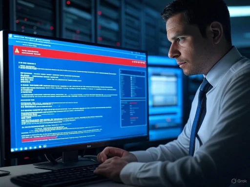 A man monitors a computer screen displaying a blue and red warning/error message in a server room.