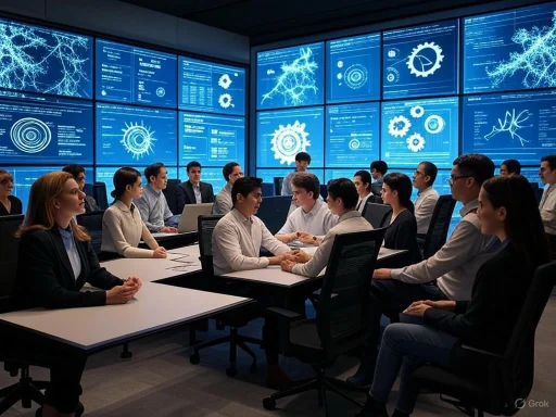 A group of professionals in a high-tech control room with large digital screens displaying neural network diagrams.
