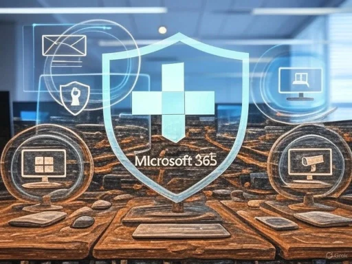 A digital overlay shows Microsoft 365 security icons on a wooden conference table background. A digital overlay shows Microsoft 365 security icons on a wooden conference table background.