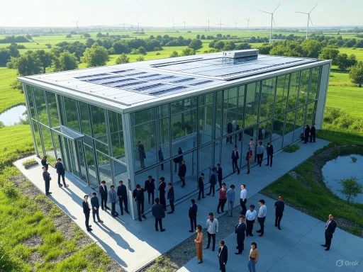 Group of people gathering outside a modern glass building in a green, rural landscape with wind turbines in the background.