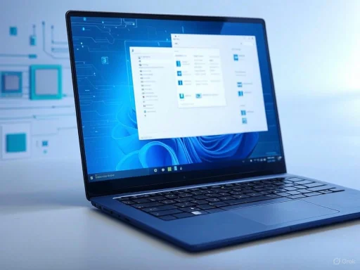 A laptop displaying a digital interface with a folder window open, set against a modern, tech-themed background.