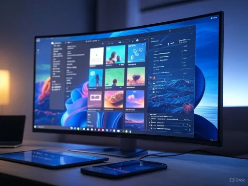 A curved monitor displaying a photo editing application, with a tablet and smartphone on a desk in a dimly lit room. A curved monitor displaying a photo editing application, with a tablet and smartphone on a desk in a dimly lit room.