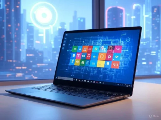 A sleek laptop displaying a colorful grid of app icons on a futuristic cityscape background. A sleek laptop displaying a colorful grid of app icons on a futuristic cityscape background.