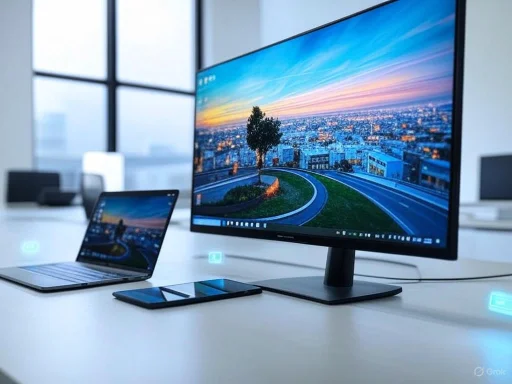 A modern office workspace with a large monitor, laptop, and tablet on a white desk, overlooking cityscape through tall windows.