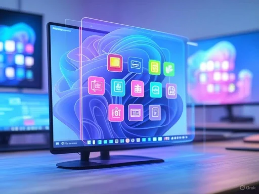 A futuristic computer monitor displays colorful app icons with a digital cloud background and holographic interface.