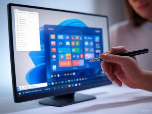 A person using a stylus to interact with a computer screen displaying the Windows desktop and start menu.