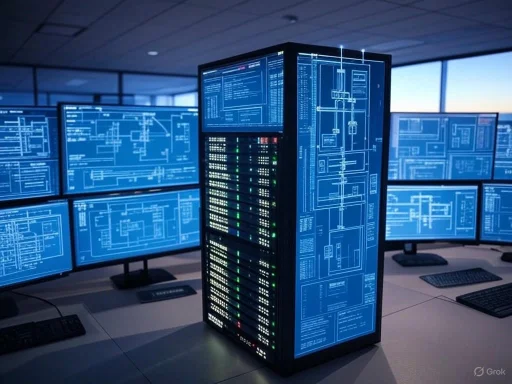 A control room with multiple screens displaying technical schematics and data, centered around a server rack.
