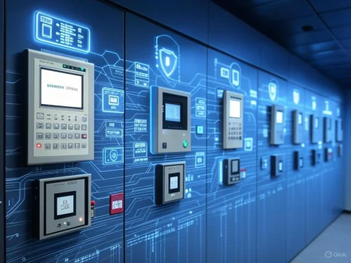 A row of digital security and control panels mounted on a futuristic blue circuit-themed wall.