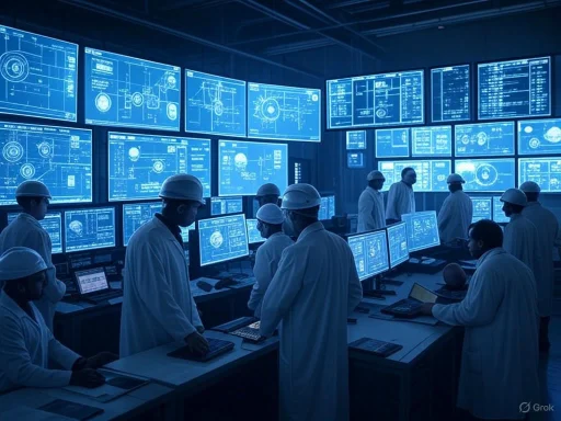 Scientists or engineers in a high-tech control room analyze multiple digital screens displaying complex data and graphics.