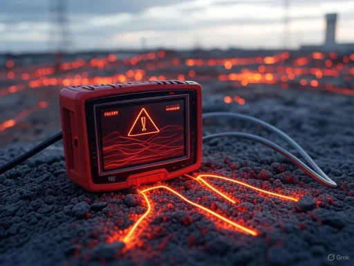 A warning device with glowing red lines on a dark surface, displaying a caution symbol with an exclamation mark.