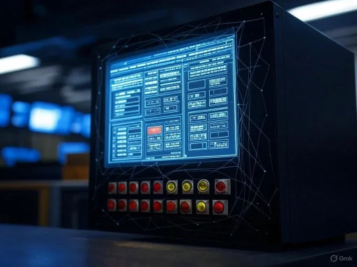 A high-tech control panel with a digital display and numerous buttons, likely used for monitoring or operations.