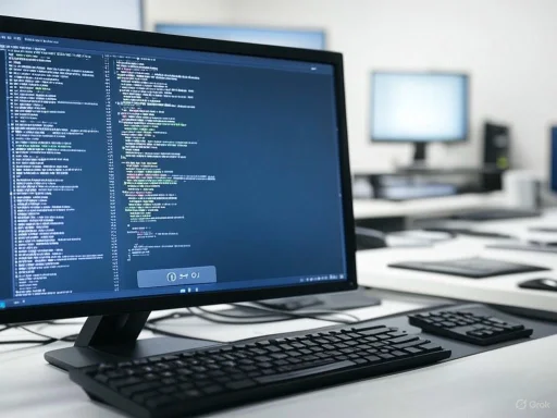 A computer monitor displays lines of code in a modern office setting with additional screens and workstations.